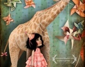 Fine Art Print - 'Forever Friends' - Cute Little Girl With Pet Giraffe - 8x10 or 8.5x11 - Paper Pinwheels - Jessica Grundy Artwork