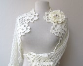 Lace shrug bolero jacket with flower brooch-white of ivory mohair-3/4 sleeved-weddings bridal bridesmaids bride fashion-spring summer - KnitAndWedding