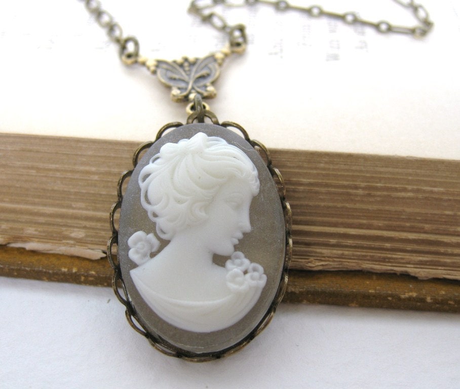 Vintage Cameo Necklace Pendant Ivory Antiqued Brass Long