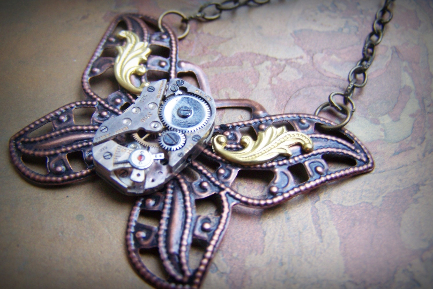 Steampunk Jewelry Butterfly Necklace Vintage Watch Movement Clockworks Copper Women