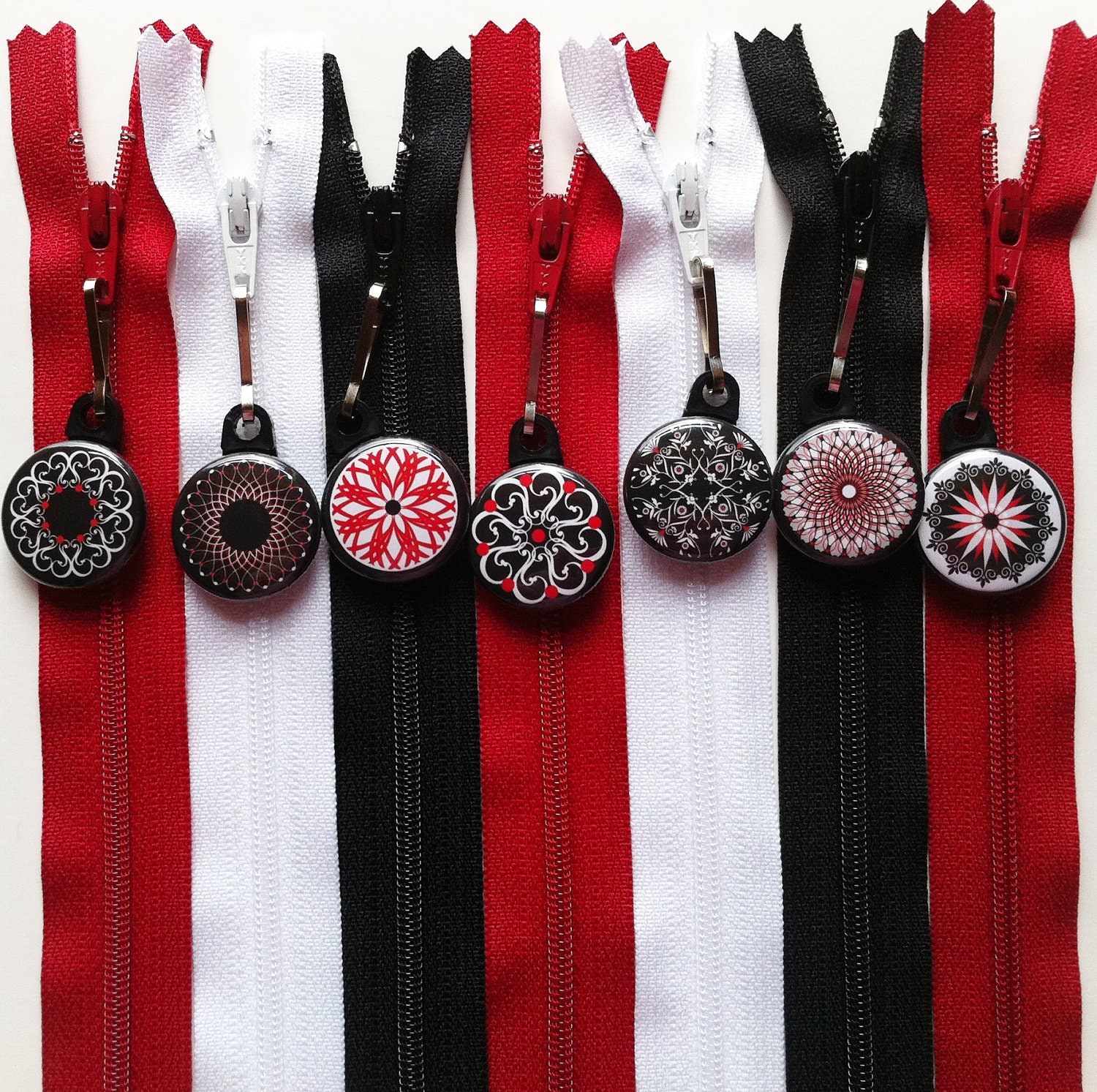 Zipper Pulls- Black, White, and Red Collection- New Designs- Clip on to any pouch, purse, backpack, sweatshirt or bag- 7 Piece Set