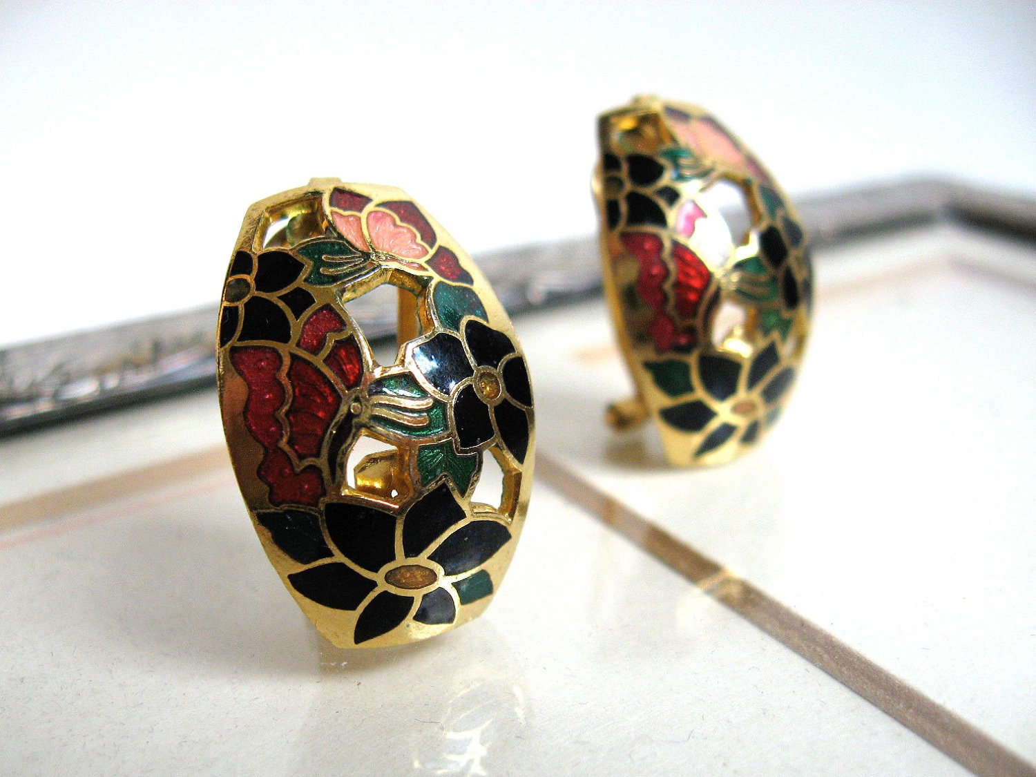 Cloisonne Earrings Gold Enamel Butterfly Flower Design Vintage