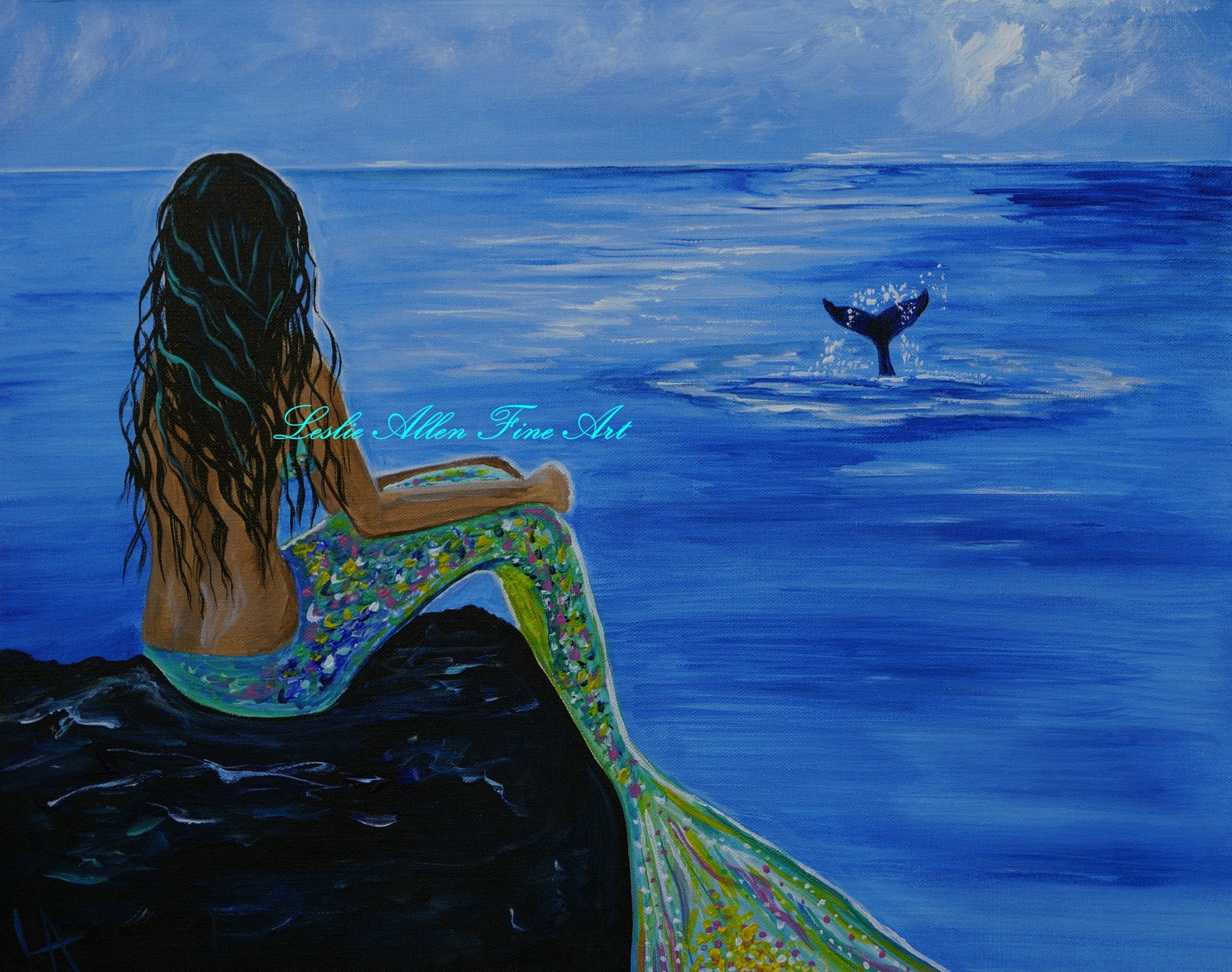Mermaid Painting Mermaids Whale Whales Girl Woman Ocean Seascape Fantasy Art Children Room Decor "Whale Watching" Leslie Allen Fine Art