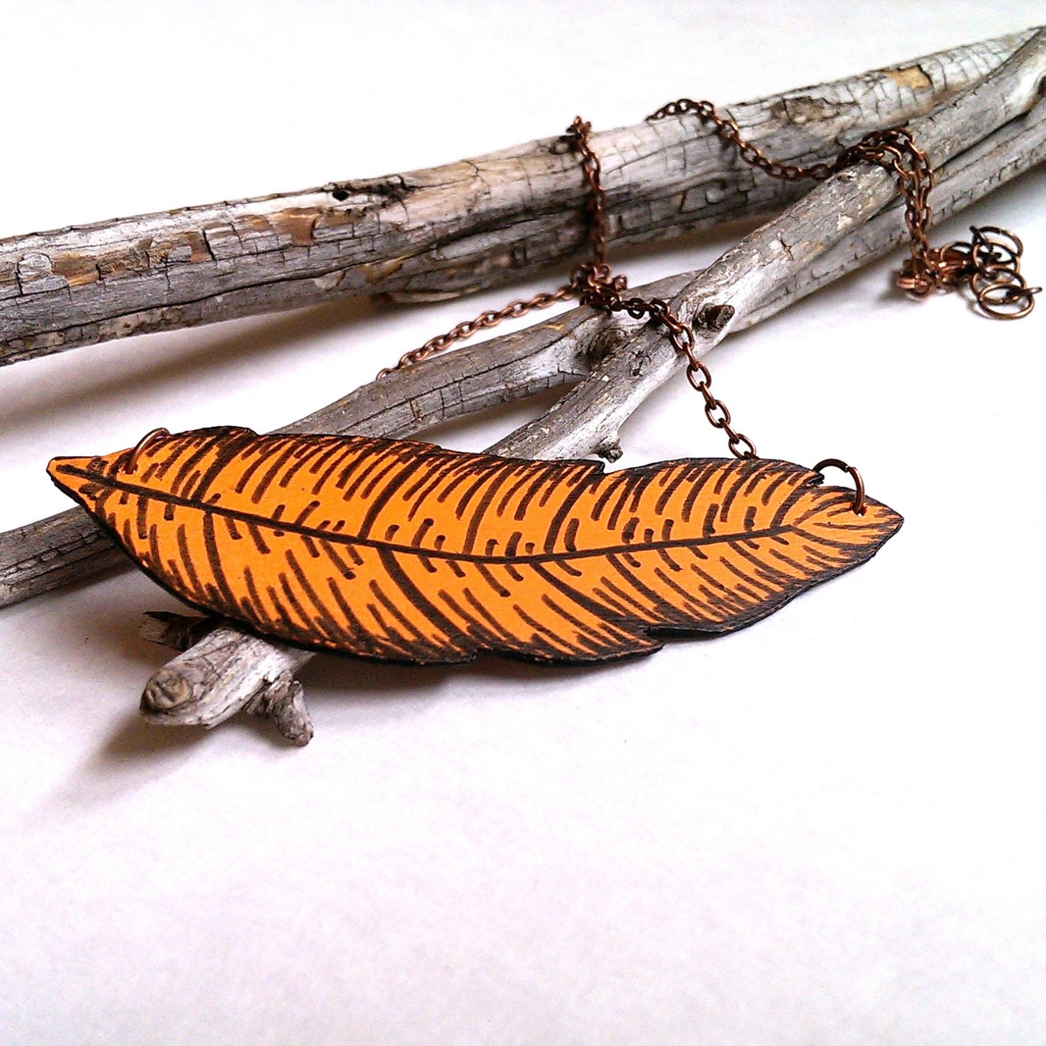 Painted feather charm necklace choker orange and black