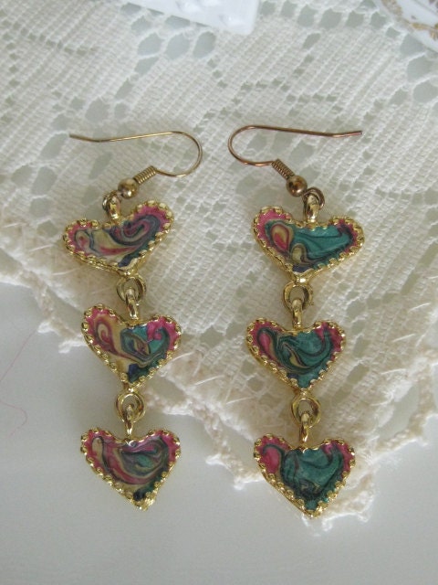 Vintage Swirl Enamel HEART Dangle Earrings