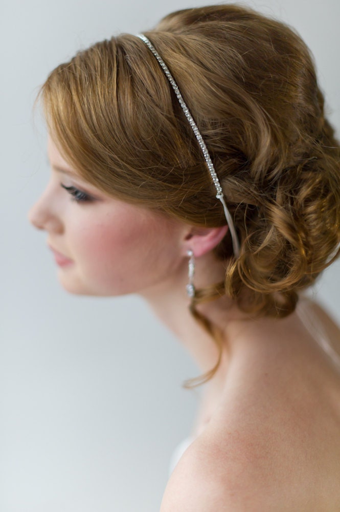 Bridal Ribbon Headband, Luxe Satin Ribbon Headband, Wedding Head Piece, Rhinestone Ribbon Headband