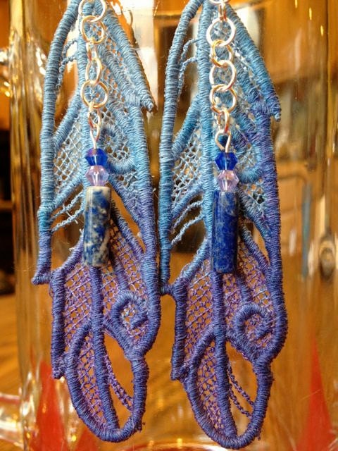 Feather Lace Earrings - 'Water' Dyed Cotton