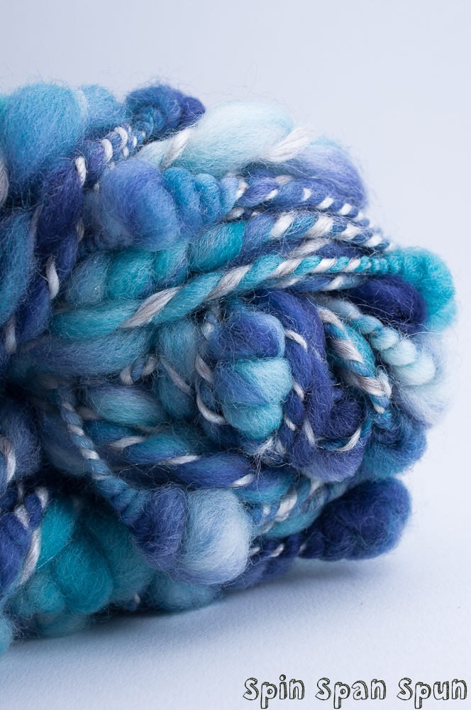 Green Day, Blue Sky, Hand dyed Handspun Leicester wool, CoilSpun BeeHive Art Yarn, HandSpun HandDyed Yarn, 40 yards