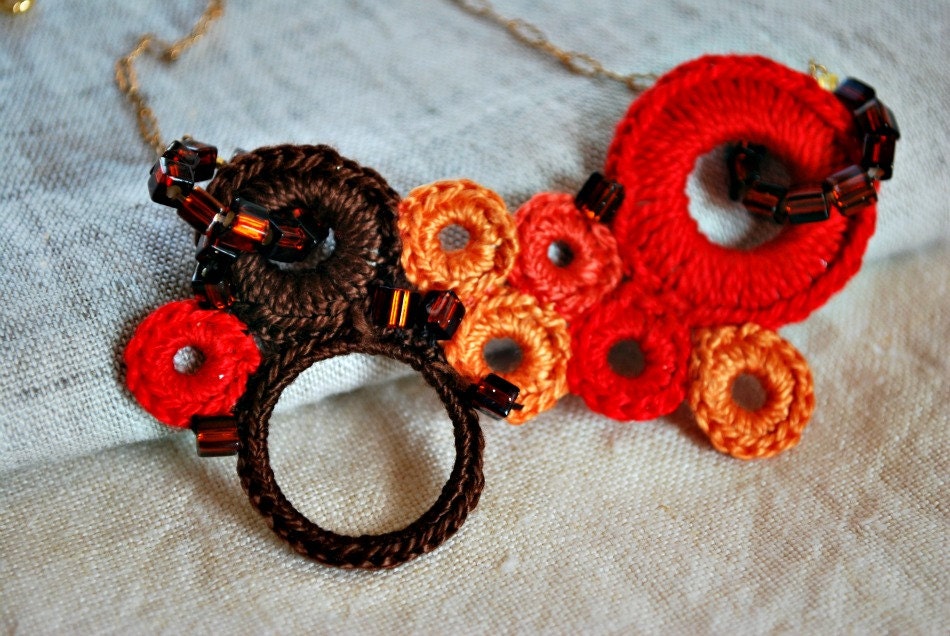 RESERVED FOR JENNA Orange Brown Bubbles Crochet Necklace. Boho. Beaded