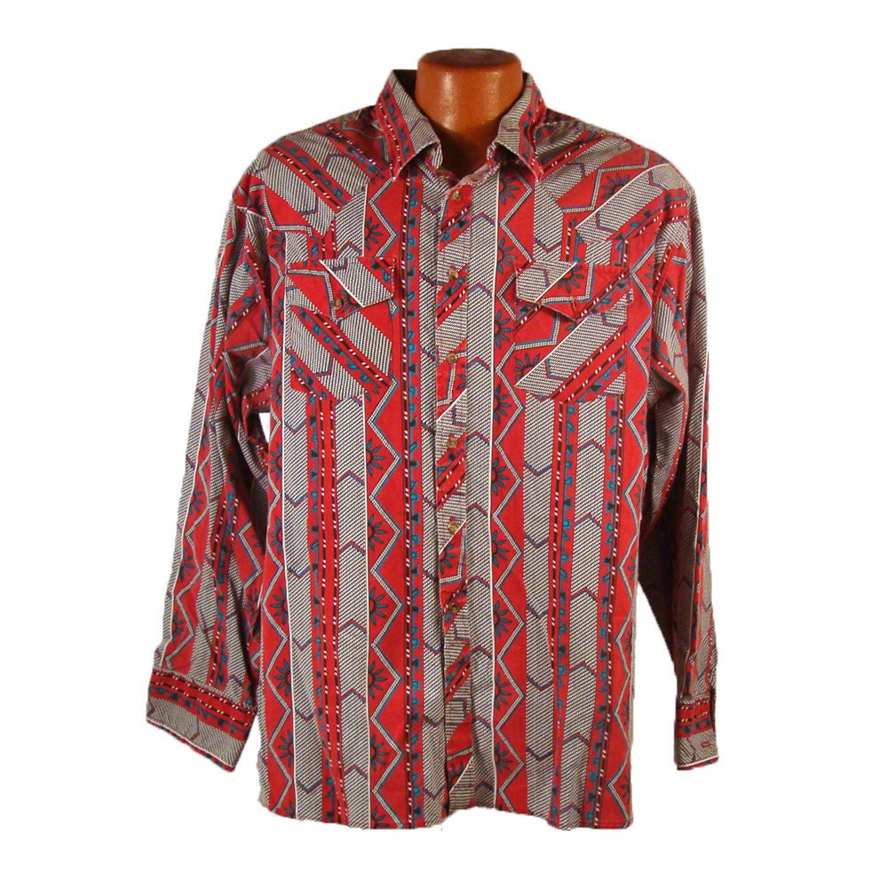 Men's Southwestern Shirt Vintage 1980s Red Tribal Button Down Shirt XL