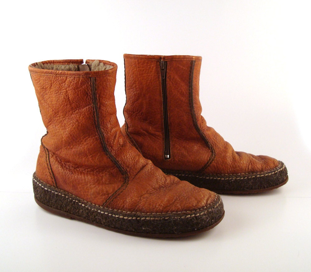 Brown Ankle Boots Vintage 1970s Zip Boots Leather Short Hippie Sioux Men's 10