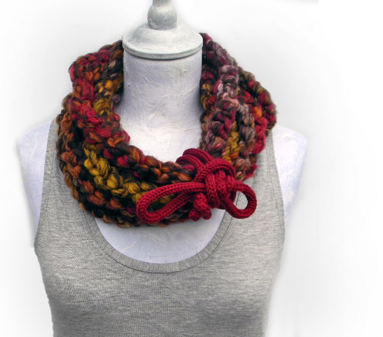 Crocheted extra long infinity scarf , wool yarn burgundy, mustard yellow, brown, burnt orange. Chunky winter accessories