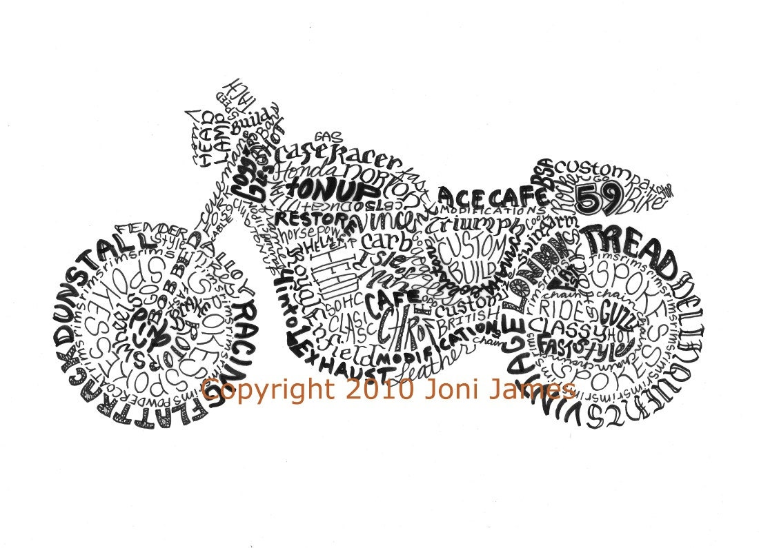 Cafe Racer Art Motorcycle Art Typography Calligram Print, Vintage Motorcycle Drawing, Motorcycle Illustration, 59 Club Retro Art