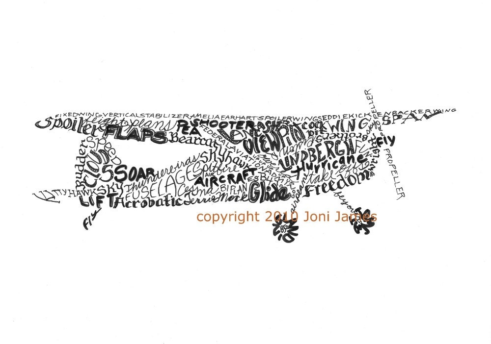 Airplane Art or Aircraft and Aviation Art Typography Illustration Print, Airplane Word Art Drawing, Art for Pilots, Gifts Under 20