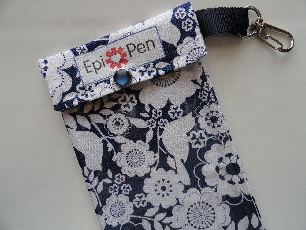 Clearance Sale - Epi Pen Carrier with Clear Pocket and Clip 4x8 Holds 2 Allergy Injector Pens - Song Bird in Blue Fabric