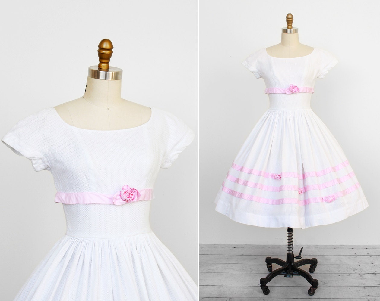 vintage 1950s dress / 1950s wedding dress / White and Pink Eyelet Cupcake Dress with Roses