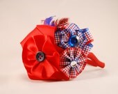 50% off LIQUIDATION SALE Red, White, Blue Headband Ribbon Flowers with Feathers