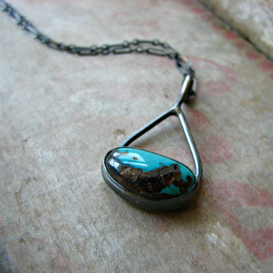 Turquoise necklace sterling silver metalwork bezel set stone rustic jewelry - Gypsy Cavern