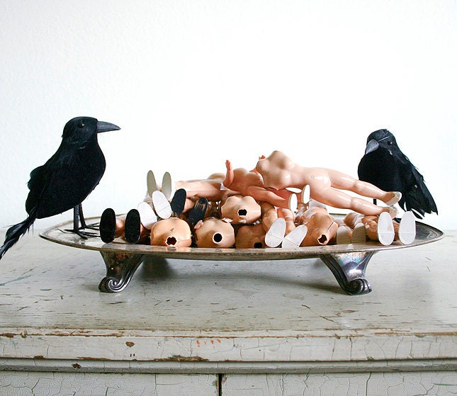 Spooky Halloween Decor - Tarnished Vintage Silver Plate Platter of Old Doll Parts