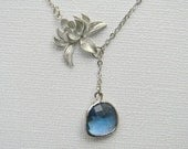 Silver Lotus Flower Lariat - Sapphire Blue Lariat - Bridesmaid Jewelry - Bohemian Jewelry - Gift under 30