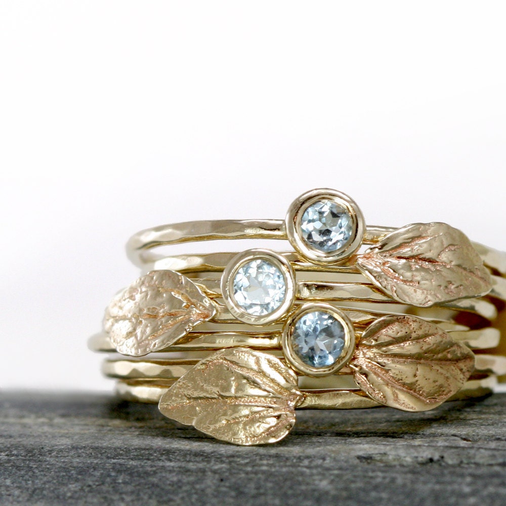 Gold Leaf Ring, 14k Yellow Gold Stacking Ring with Thin Hammered Band and Leaf