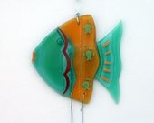 Fused Glass orang teal blue fish  Windchime, Suncatcher, Summer Collection.