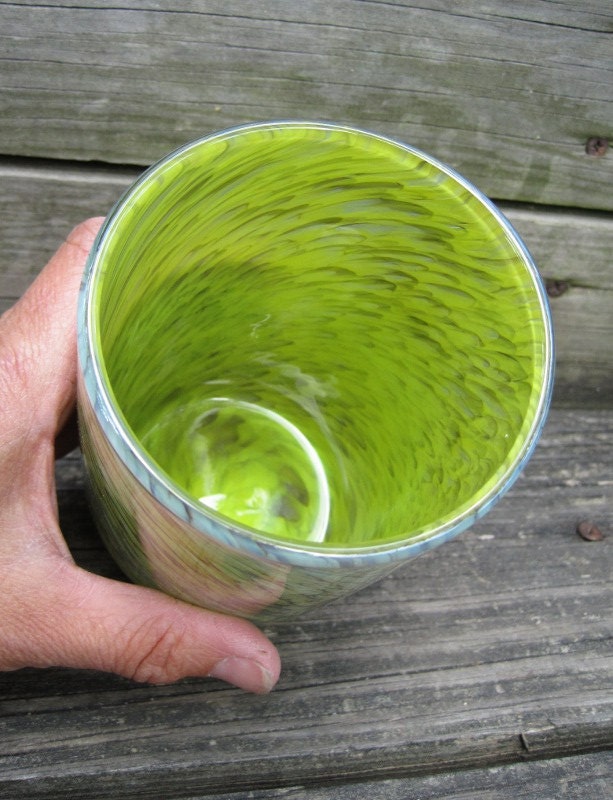 Hand blown glass tumbler light blue and chartreuse BCh -a
