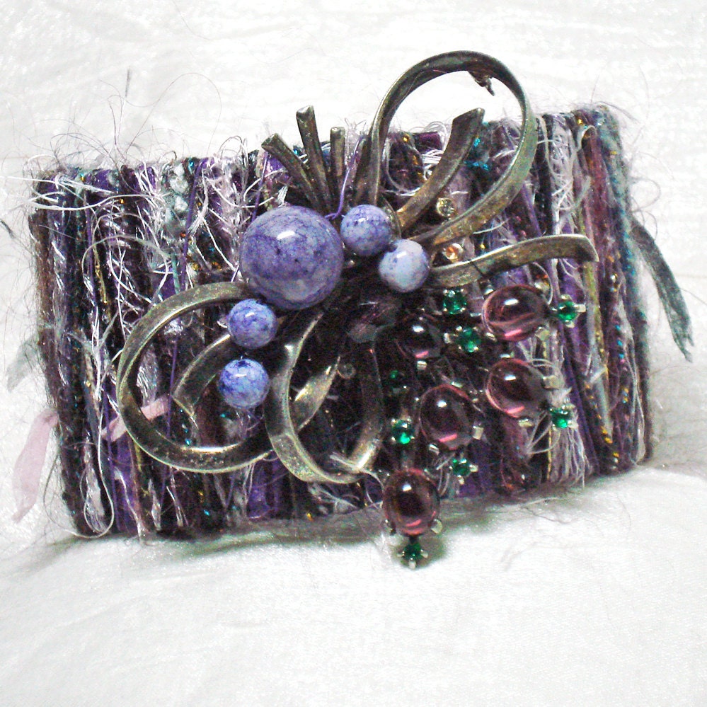 Beaded Cuff Bracelet  Fiber Art  Accessories Repurposed Vintage Brooch - Purples