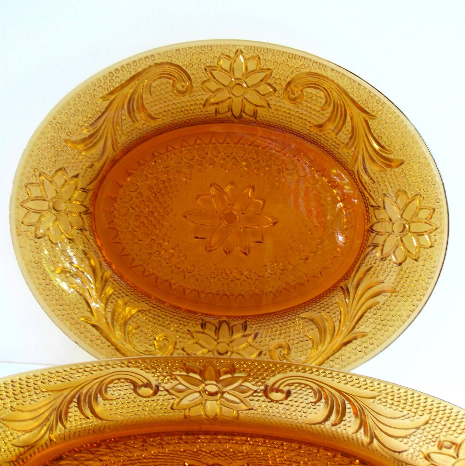 Amber Tiara Glass Oval Sandwich Plates Set by OldMothersCupboard