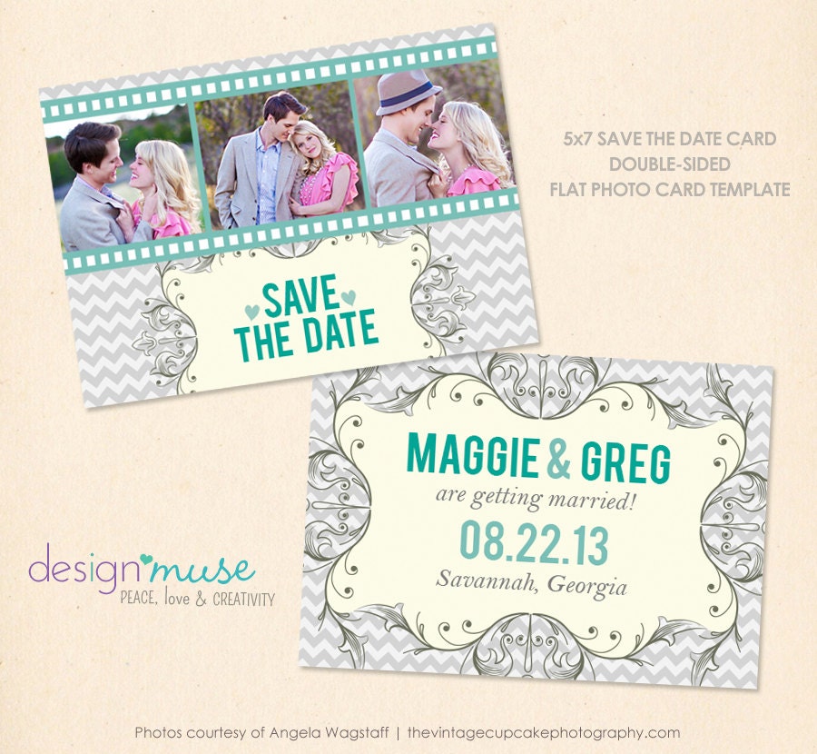 Save The Date 5x7 Chevron Digital Photoshop Template INSTANT DOWNLOAD