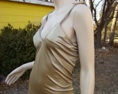 Gold Taupe Disco Dress- 1970's Wiggle / Dancing Dress in Shimmery Nude- Geometric Bodycon Cut