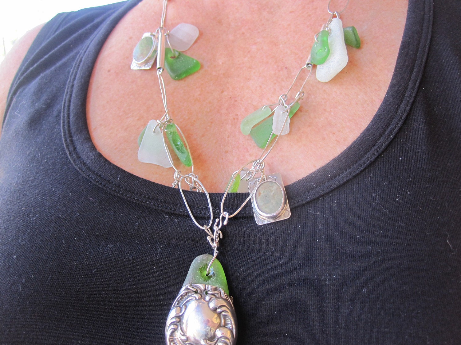 Upcycled Silver and Seaglass Special Occasion Necklace Etsy Handmade Metal Jewelry