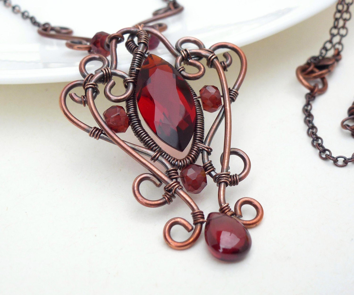 Dark red gothic necklace, red quartz copper necklace, wire wrap jewelry handmade garnet necklace, autumn copper jewelry - CreativityJewellery