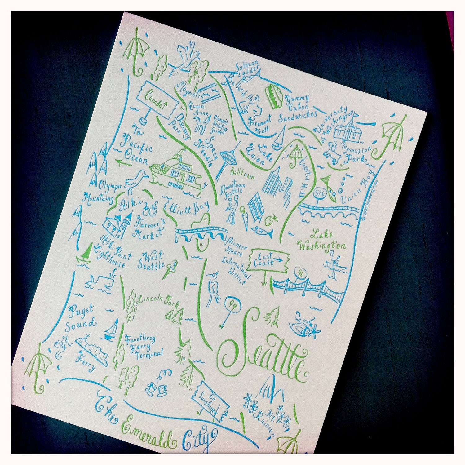 Seattle City Map Letterpress Postcard/Save the Date Cards