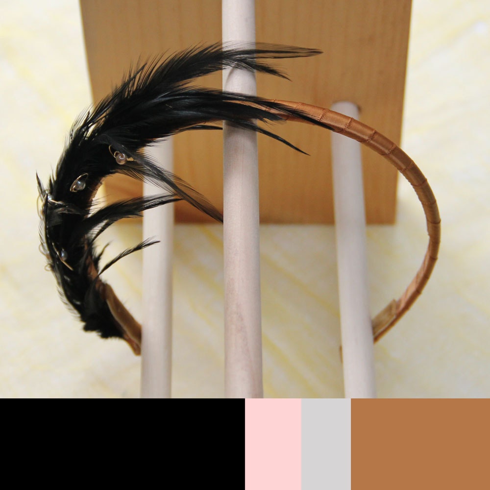 Jet black feathers and gold spiral fascinator. Tiny pearl beads within wire spirals. Comfortable. Flexible.  0142