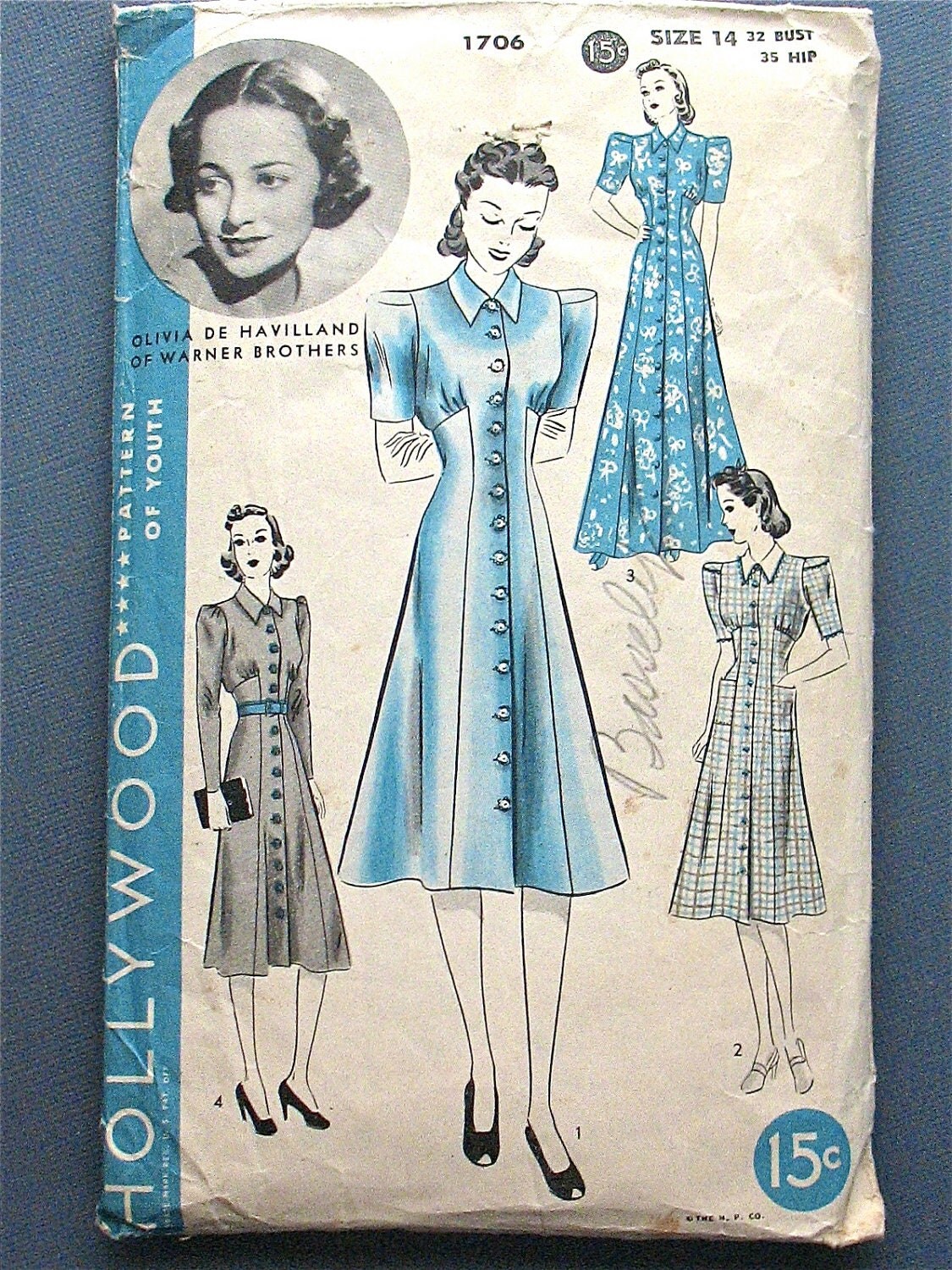 Vintage 1930s Hollywood 1706 sewing pattern for dress in two styles. Bust 36 and Hip 39
