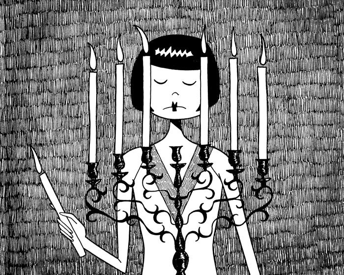 Eloise sets the mood  // Spooky candleabra black and white illustration // 8x10 art print