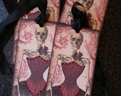 Halloween Tags, set of 4, Skeleton wearing red corset, red glitter
