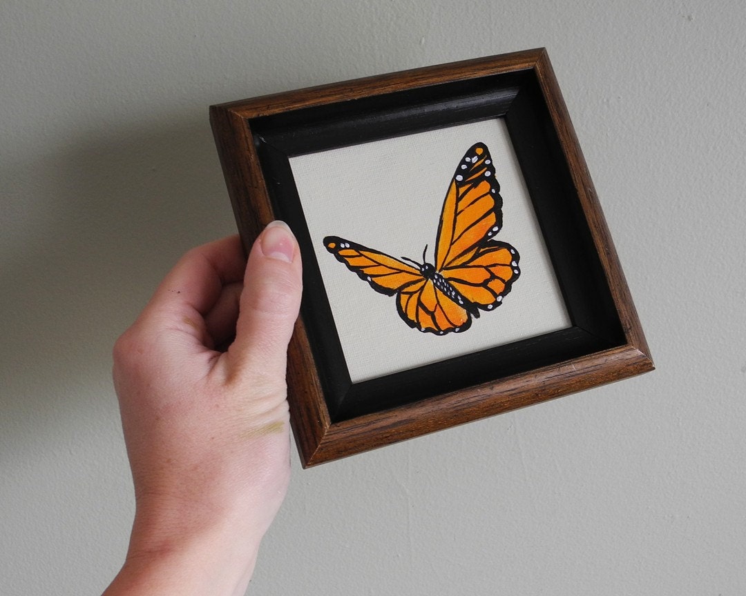 Monarch Butterfly painting, miniature art, framed mini canvas original