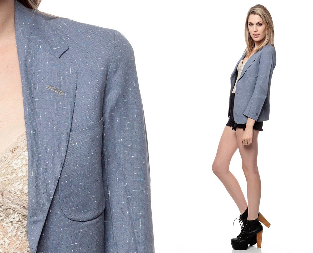 50s Jacket Shrunken Blazer Blue Speckled Tiny Fit 1950s Boyfriend Coat Vintage Hipster Fitted Preppy Grandpa Outerwear Small