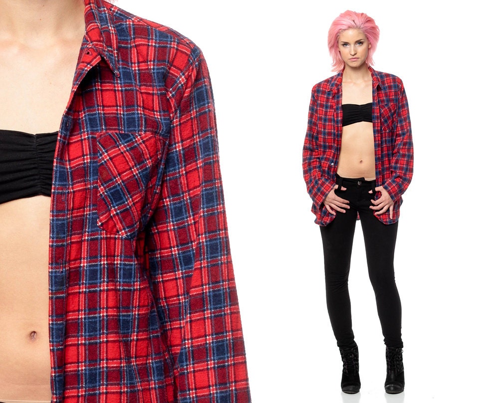 FLANNEL Shirt 90s Red Blue Plaid Checkered tiny fit Button Up Lumberjack 1990s Vintage Women Long Sleeve Grunge Extra Small Medium Large xs