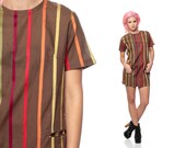 Mod Striped Dress 60s Mini Brown Shift Orange Rainbow Pocket 1960s Waitress Cotton Stripe Vintage Short Sleeve Twiggy Large
