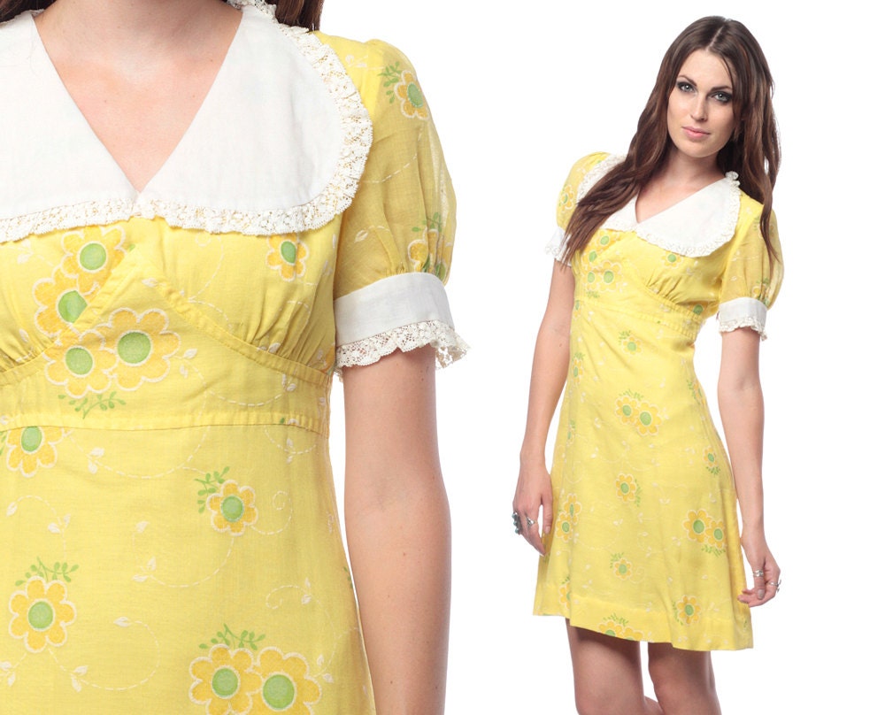 Mini Babydoll Dress Empire Waist Dolly 60s 70s Puff Sleeve Yellow Floral Cotton 1960s White Lace Collar Vintage Dress Small S