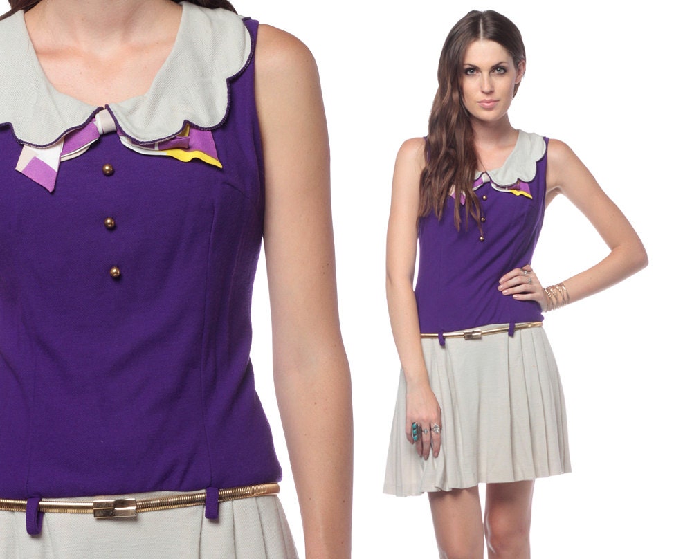 60s Mod Mini Dress Space Age Twiggy Babydoll Purple Bow Tie Grey 1960s Drop Waist Sleeveless Vintage Small S Medium M