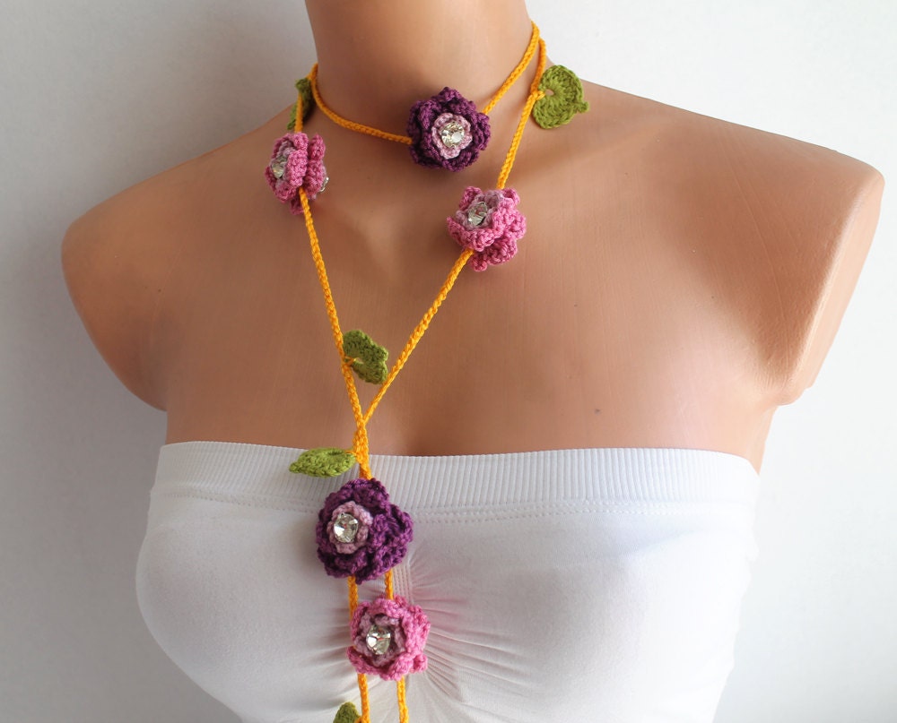 Lariat Necklace Flower Necklace Purple and Pink Hand Crochet Flowers Lariat Scarf Necklace