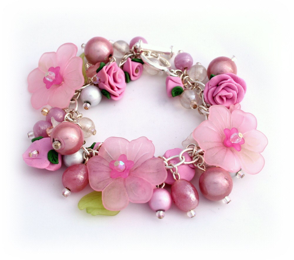 Rose Pink Charm Bracelet - Mothers Day Gift - Pastel Pink Pearl White - Rose Pink Blossoms Flowers Floral - Bespoke Polymer Clay