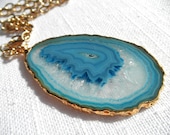 Large Blue agate necklace - agate necklace - gold necklace - blue necklace - D R U Z Y