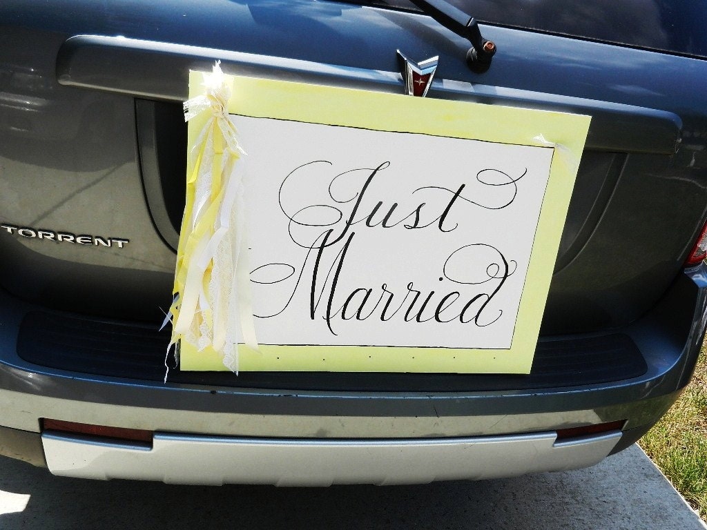 Calligraphy Just Married Sign...Handpainted Calligraphy and Border with Vintage Ribbon and Lace custom made to order