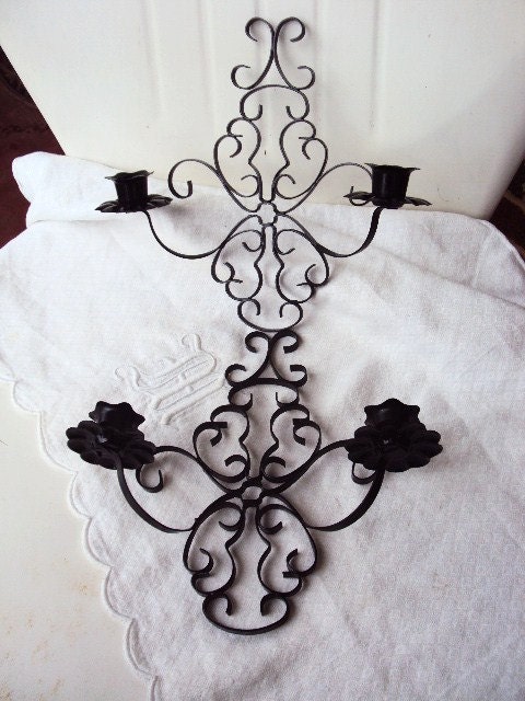 Vintage Rococo Metal Candle holder Sconce Candelabra Hanging Wall Sconce Set Scrolled Regency Black Metal