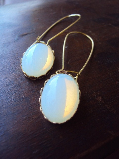 Vintage White Opal Earrings German Glass on Long Kidney Earwires